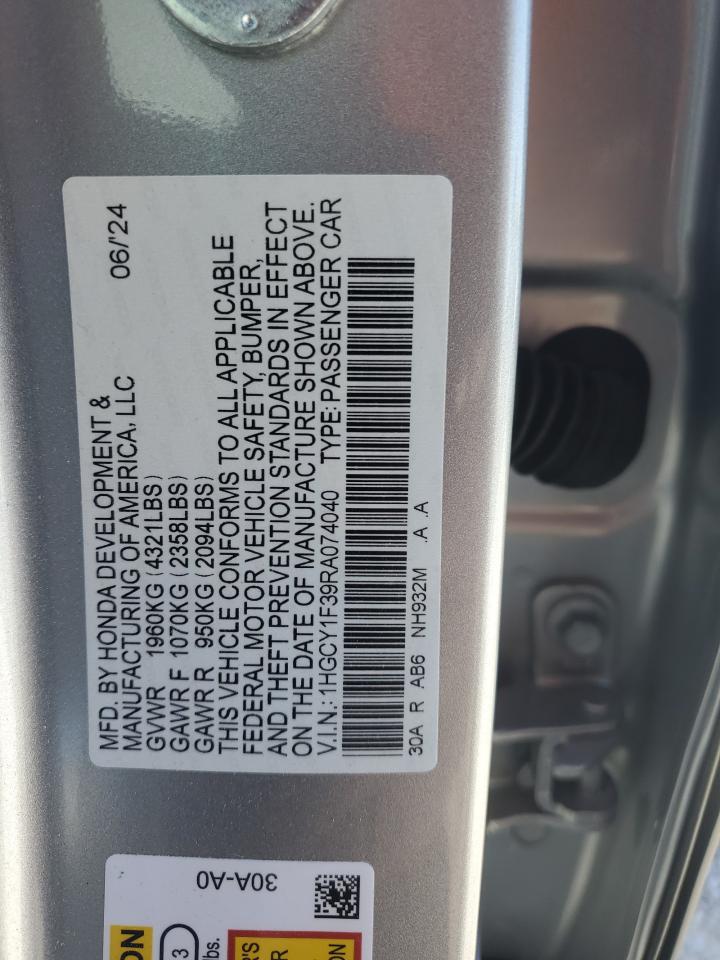 2024 Honda Accord VIN 1HGCY1F39RA074040 Copart auction photo, side / rear end damage thumbnail 14
