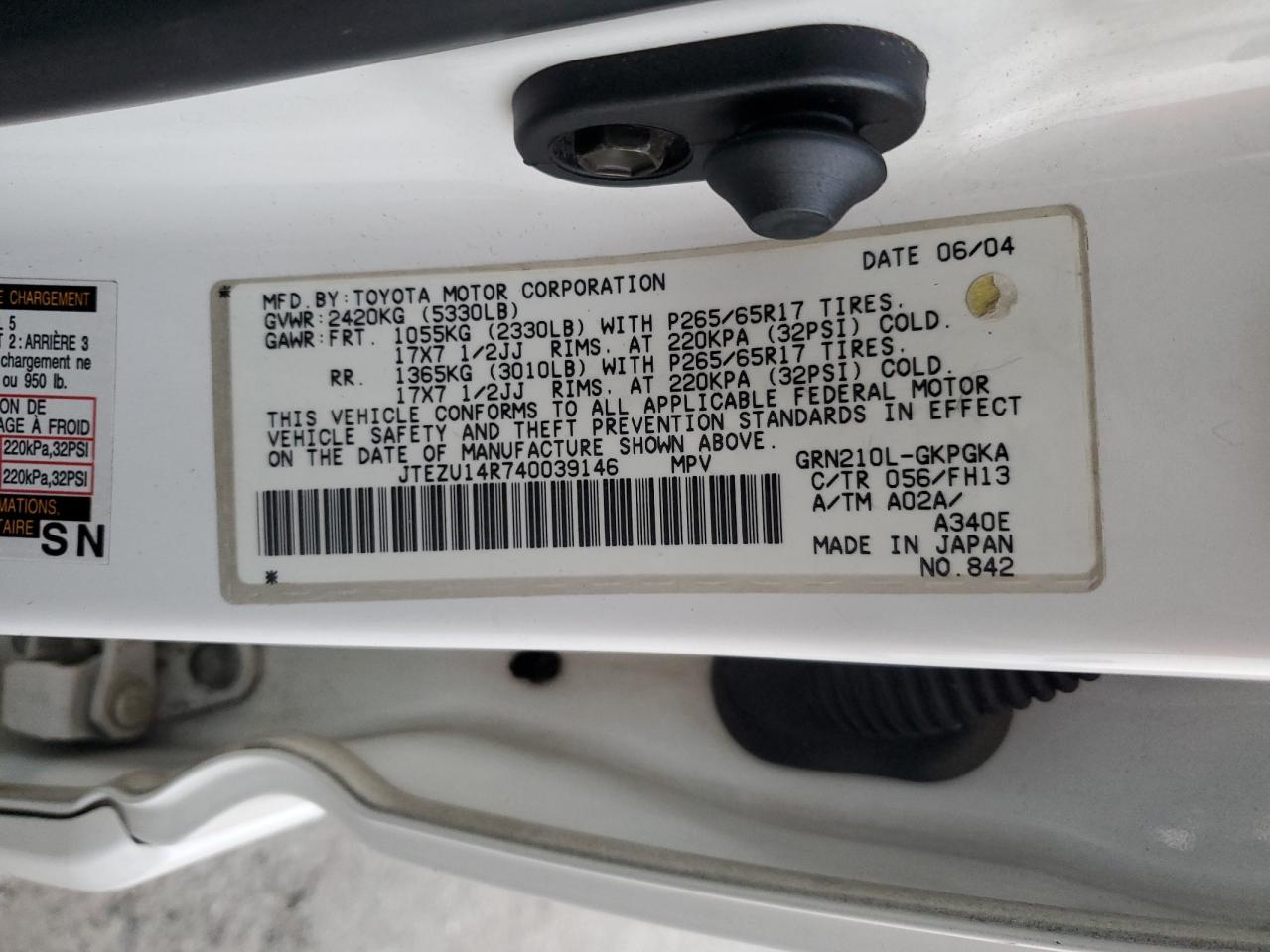 2004 Toyota 4Runner VIN JTEZU14R740039146 Copart auction photo, front end damage thumbnail 14