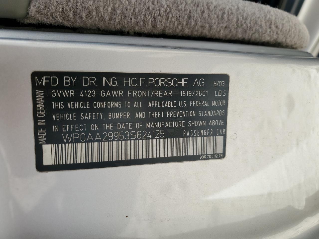 2003 Porsche 911 VIN WP0AA29953S624125 Copart auction photo, front end damage thumbnail 12
