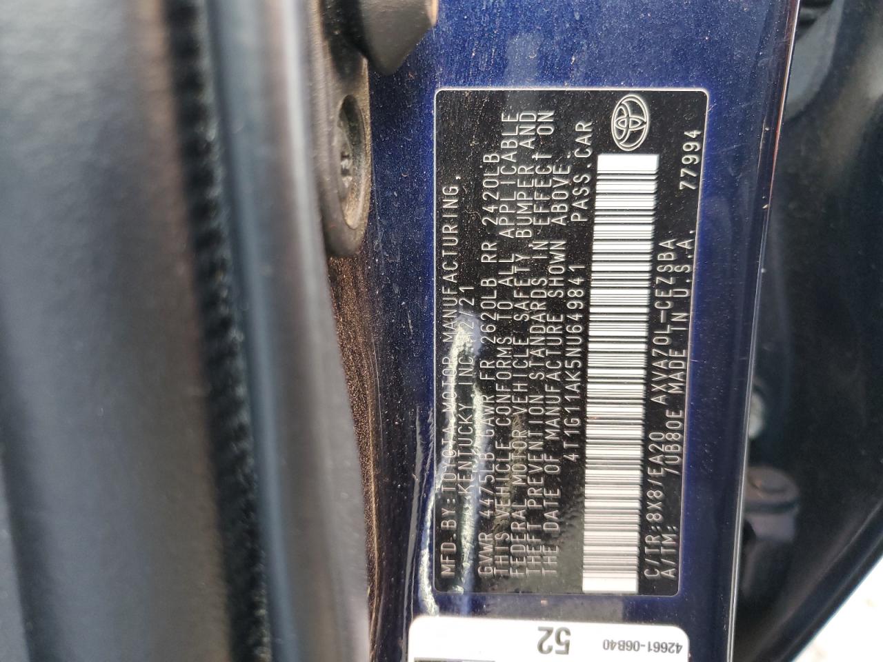 2022 Toyota Camry VIN 4T1G11AK5NU649841 Copart auction photo, all over damage thumbnail 15