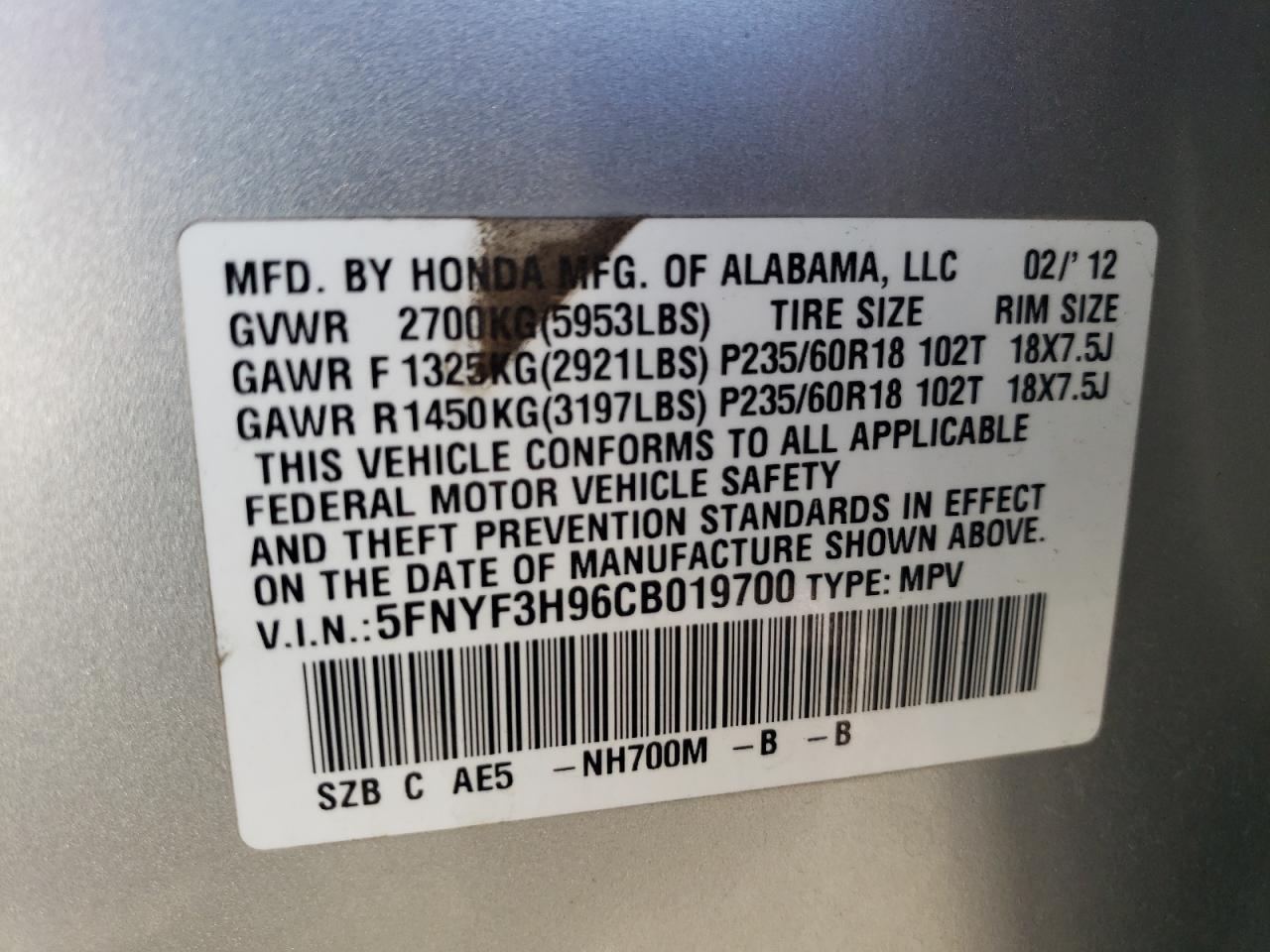 2012 Honda Pilot VIN 5FNYF3H96CB019700 Copart auction photo, front end / side damage thumbnail 15