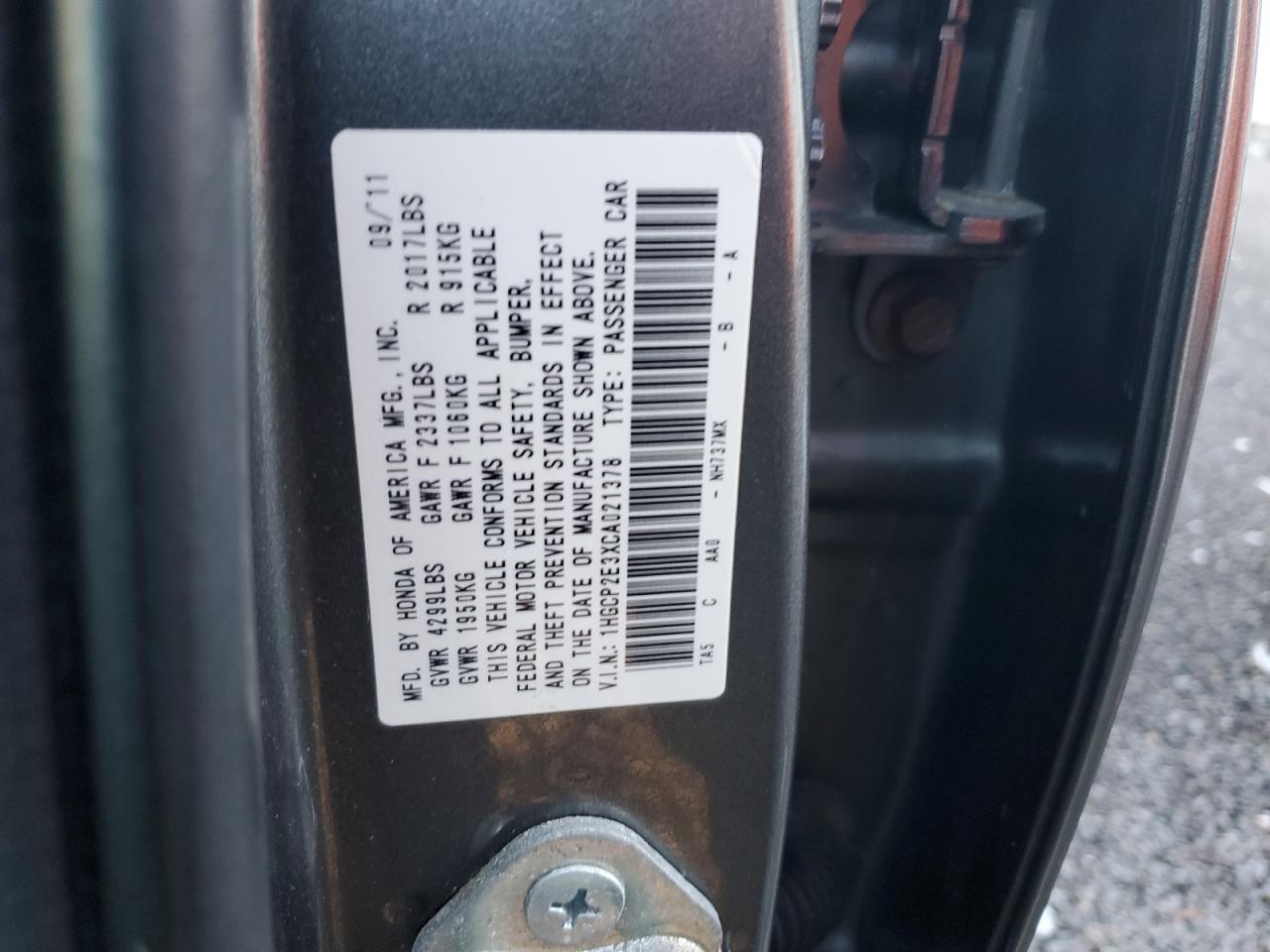 2012 Honda Accord VIN 1HGCP2E3XCA021378 Copart auction photo, top/roof damage thumbnail 12