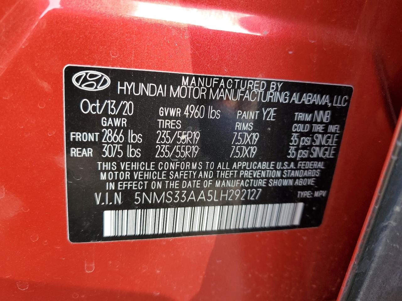 2020 Hyundai Santa Fe VIN 5NMS33AA5LH292127 Copart auction photo, front end damage thumbnail 15