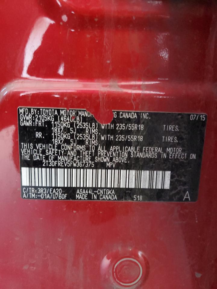 2015 Toyota RAV 4 VIN 2T3DFREV5FW367375 Copart auction photo, rear end / undercarriage damage thumbnail 12