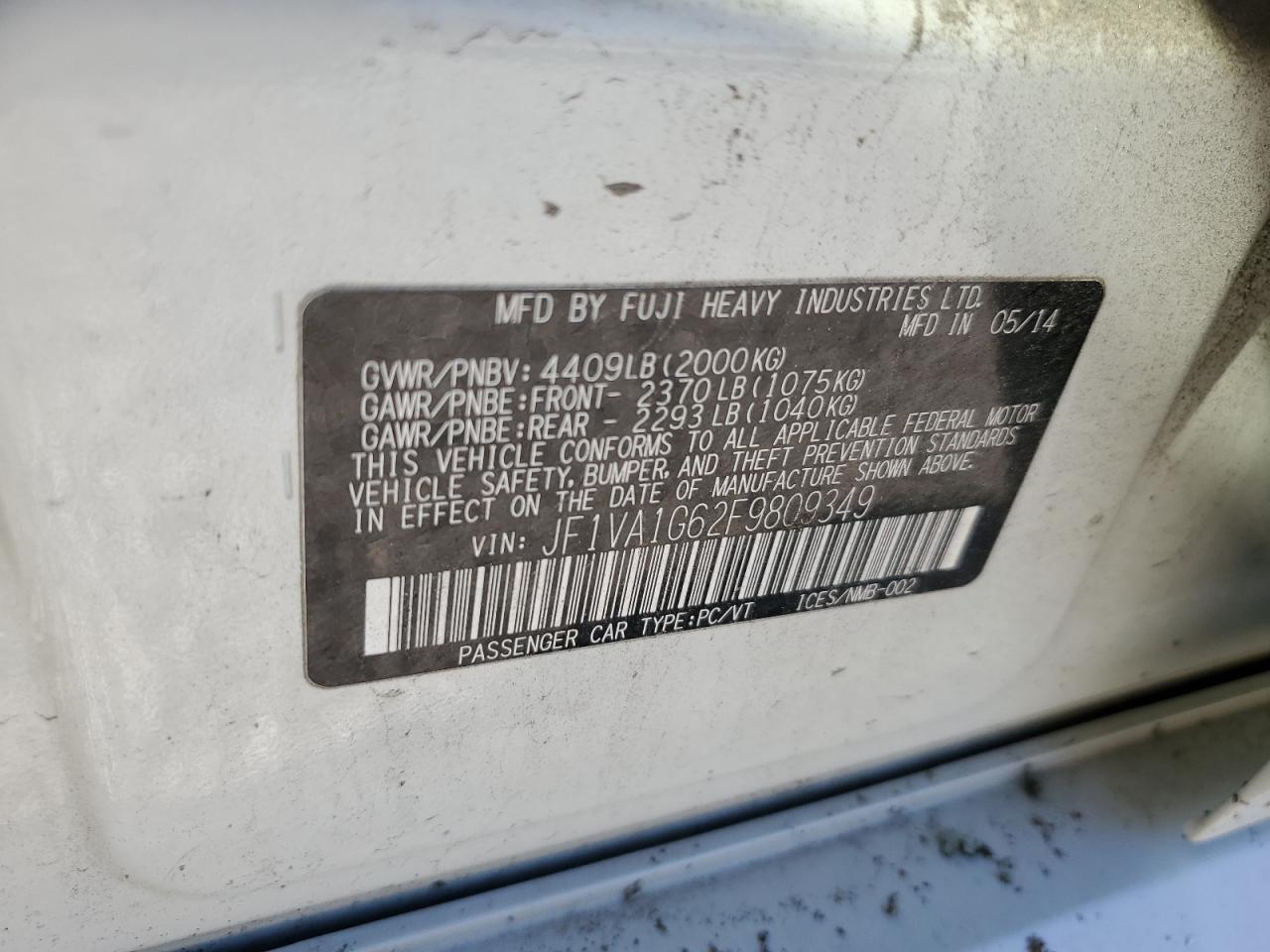 2015 Subaru WRX VIN JF1VA1G62F9809349 Copart auction photo, water/flood / rear end damage thumbnail 13