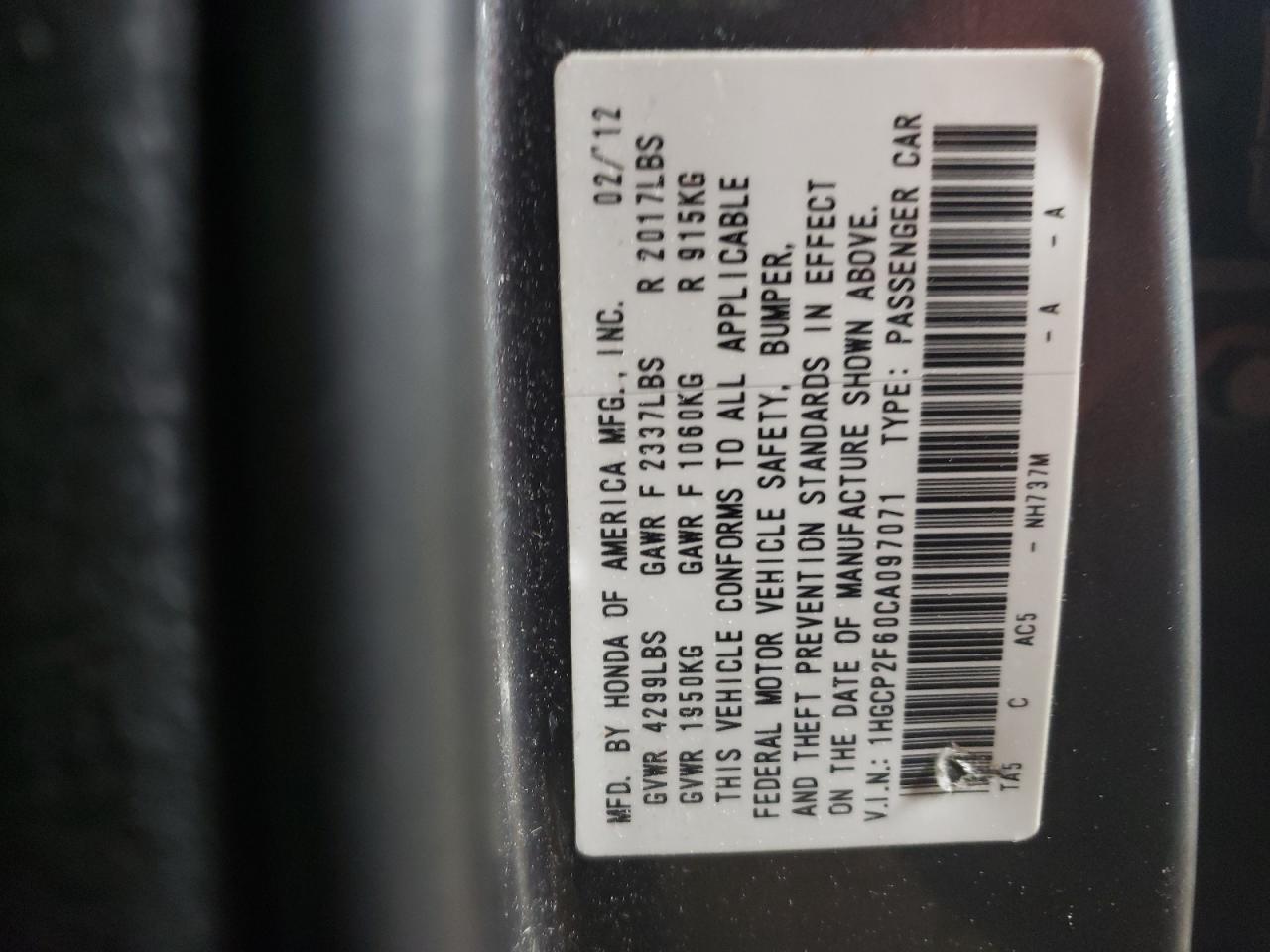 2012 Honda Accord VIN 1HGCP2F60CA097071 Copart auction photo, front end damage thumbnail 12