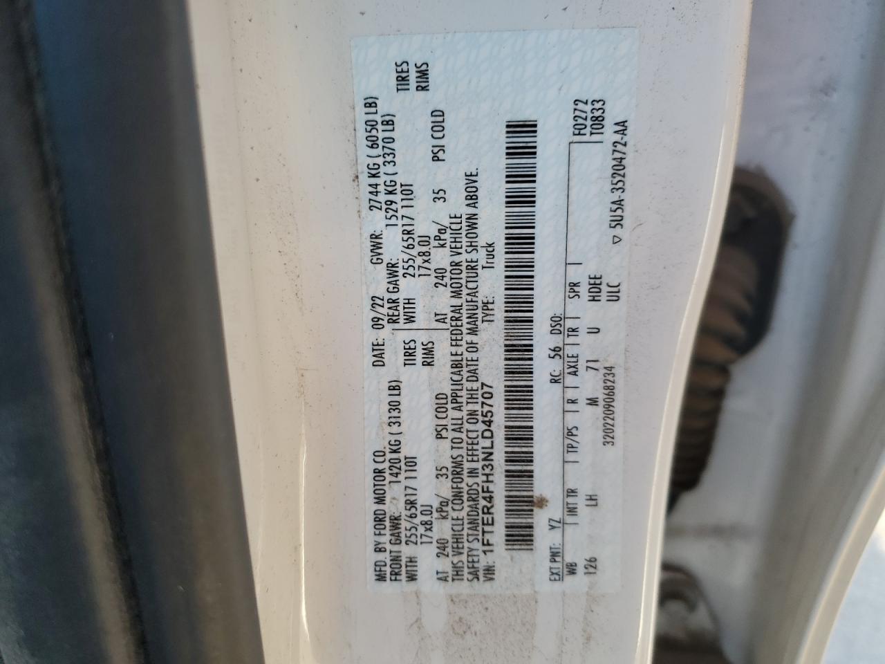 2022 Ford Ranger VIN 1FTER4FH3NLD45707 Copart auction photo, all over / frame damage damage thumbnail 12