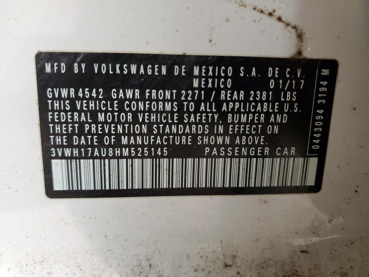 2017 Volkswagen Golf VIN 3VWH17AU8HM525145 Copart auction photo, rear end / front end damage thumbnail 15