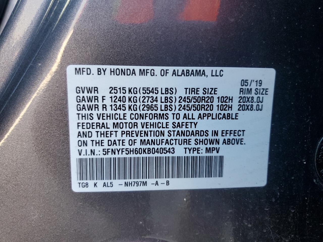2019 Honda Pilot VIN 5FNYF5H60KB040543 Copart auction photo, front end / side damage thumbnail 13