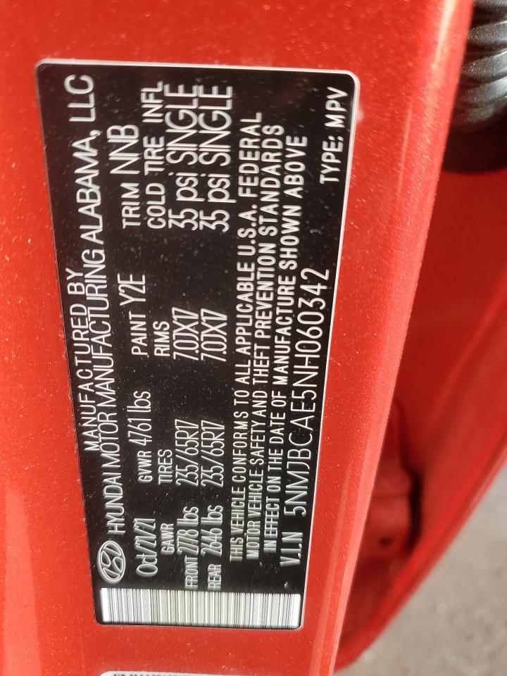2022 Hyundai Tucson VIN 5NMJBCAE5NH060342 Copart auction photo, rear end damage thumbnail 14