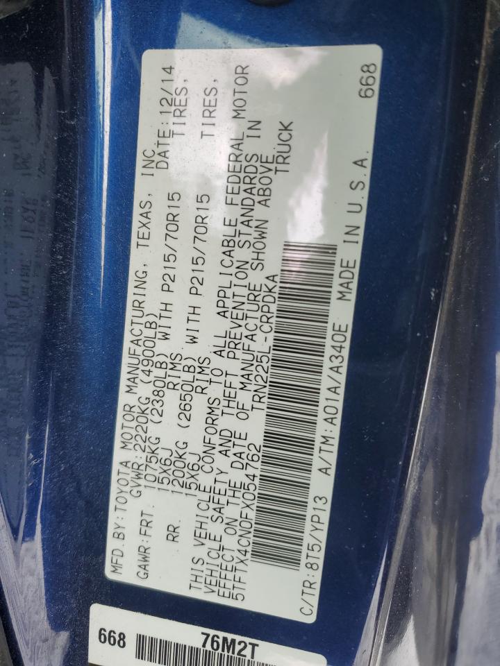 2015 Toyota Tacoma VIN 5TFTX4CN0FX054762 Copart auction photo, front end / side damage thumbnail 12
