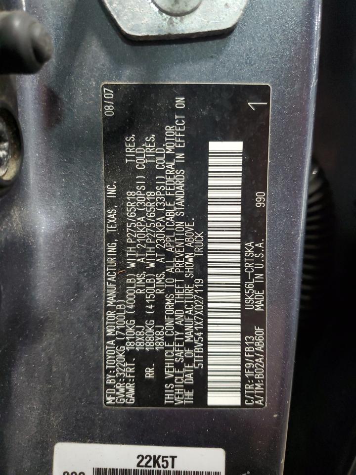 2007 Toyota Tundra VIN 5TFBV541X7X027119 Copart auction photo, front end / side damage thumbnail 12