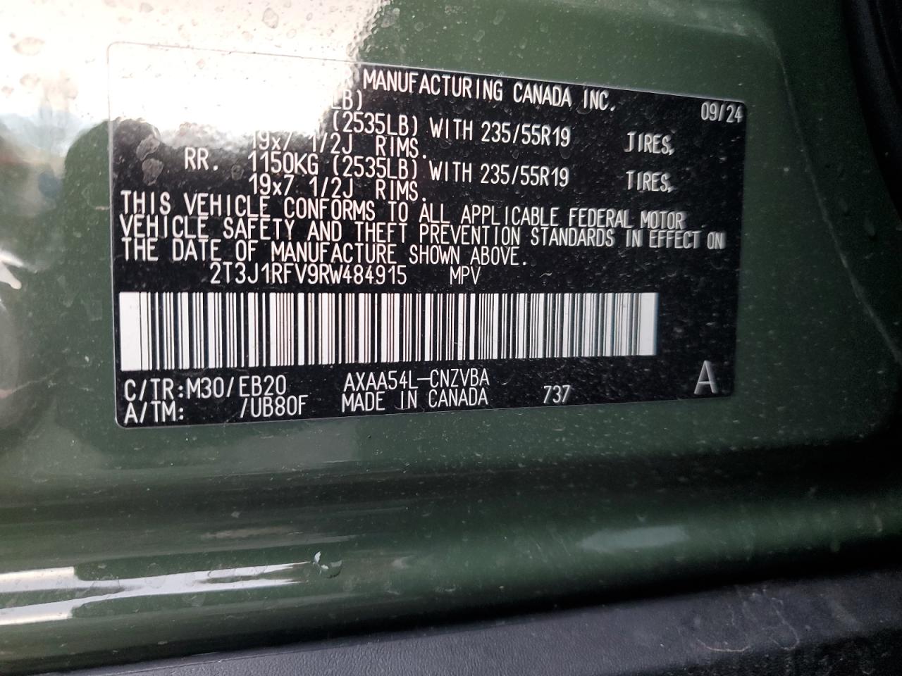 2024 Toyota RAV 4 VIN 2T3J1RFV9RW484915 Copart auction photo, front end / side damage thumbnail 15