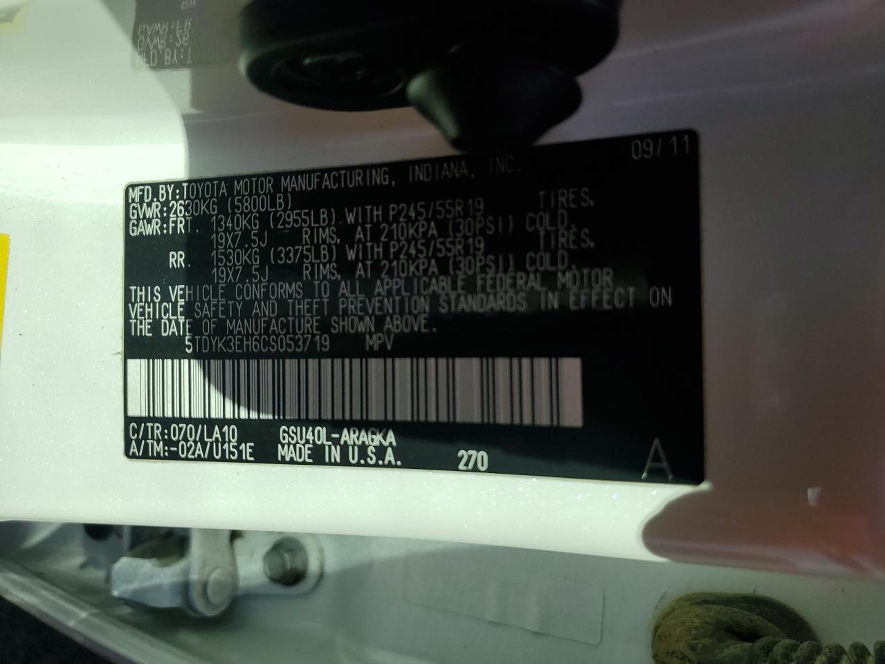 2012 Toyota Highlander VIN 5TDYK3EH6CS053719 Copart auction photo, front end damage thumbnail 13