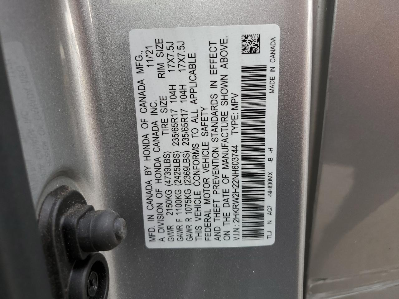 2022 Honda CR-V VIN 2HKRW2H22NH603744 Copart auction photo, side / front end damage thumbnail 15