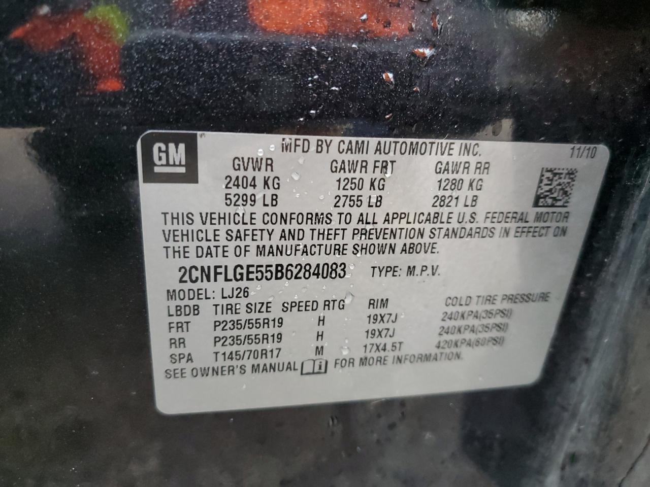 2011 Chevrolet Equinox VIN 2CNFLGE55B6284083 Copart auction photo, front end / side damage thumbnail 13