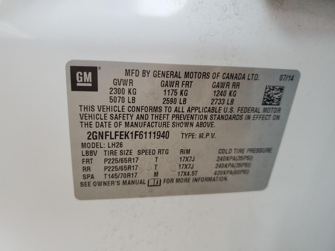 2015 Chevrolet Equinox VIN 2GNFLFEK1F6111940 Copart auction photo, rear end / front end damage thumbnail 12