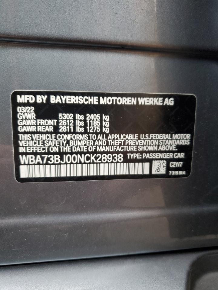 2022 BMW 5er VIN WBA73BJ00NCK28938 Copart auction photo, rear end damage thumbnail 12