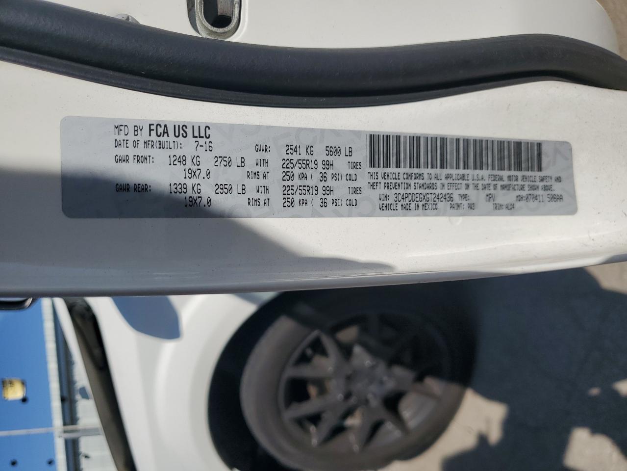 2016 Dodge Journey VIN 3C4PDDEGXGT242436 Copart auction photo, front end damage thumbnail 13