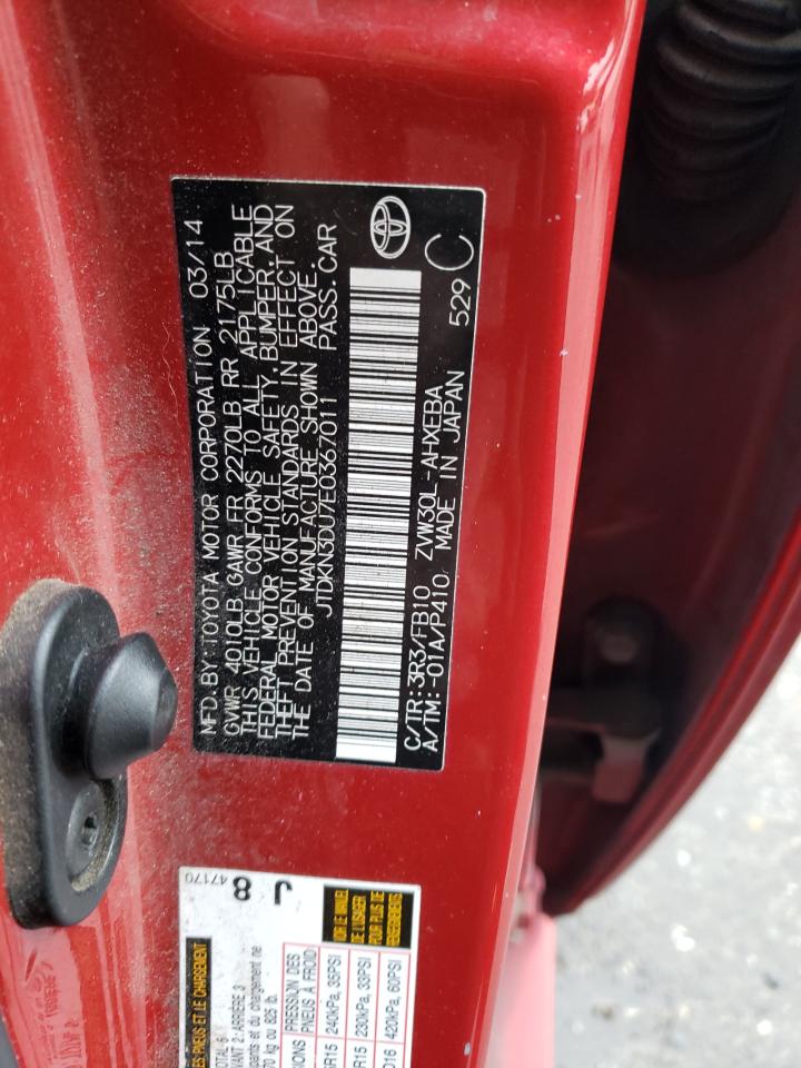 2014 Toyota Prius VIN JTDKN3DU7E0367011 Copart auction photo, front end / side damage thumbnail 13