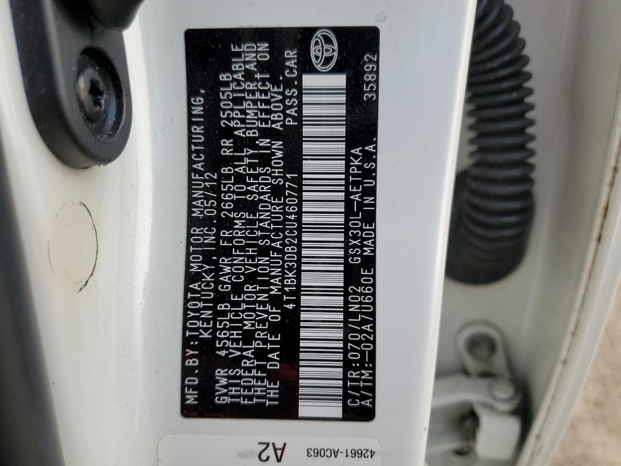 2012 Toyota Avalon VIN 4T1BK3DB2CU460771 Copart auction photo, front end / minor dent/scratches damage thumbnail 12