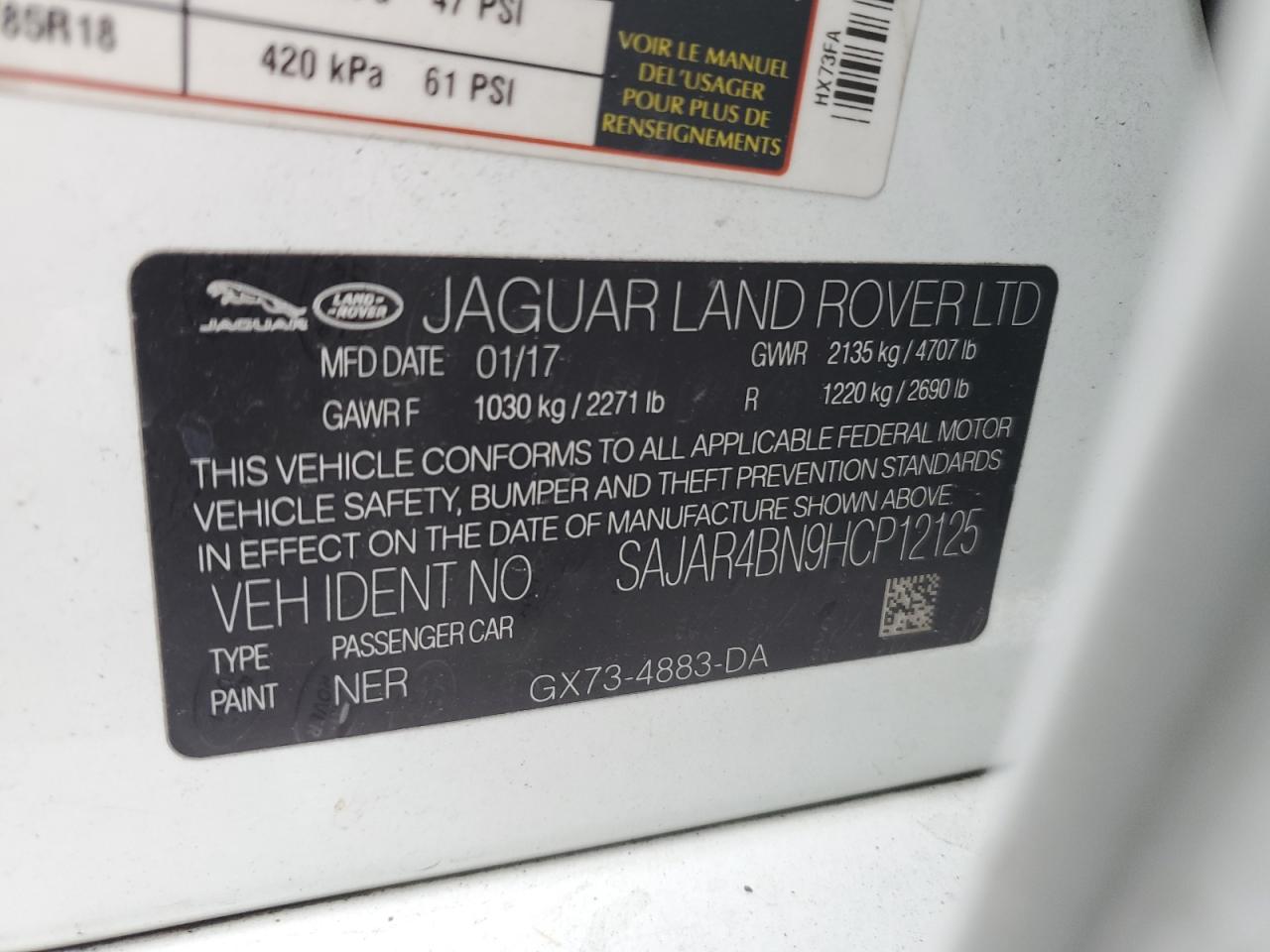 2017 Jaguar XE VIN SAJAR4BN9HCP12125 Copart auction photo, front end damage thumbnail 14
