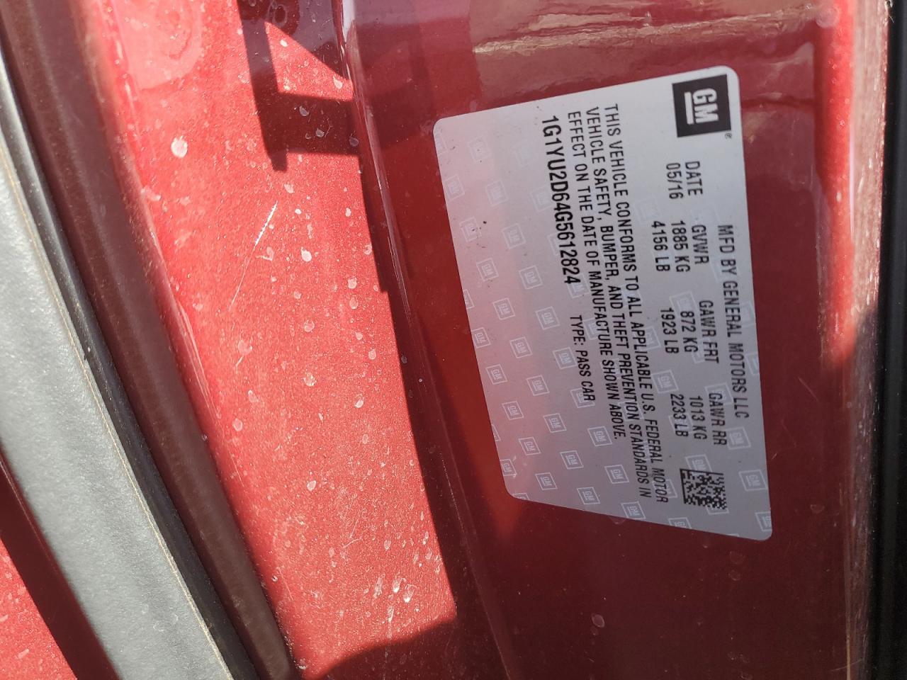 2016 Chevrolet Corvette VIN 1G1YU2D64G5612824 Copart auction photo, vandalism damage thumbnail 14