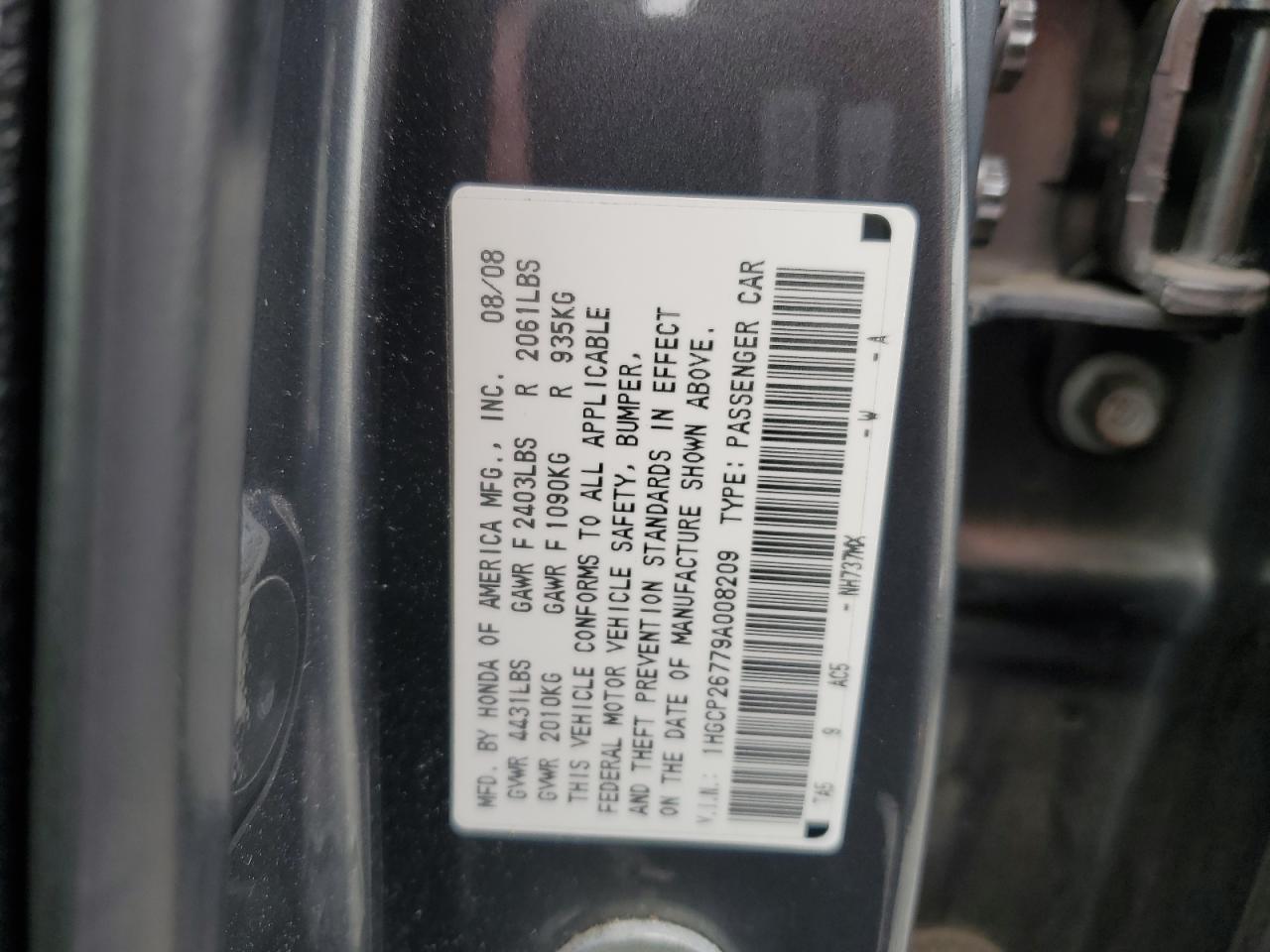 2009 Honda Accord VIN 1HGCP26779A008209 Copart auction photo, front end damage thumbnail 13