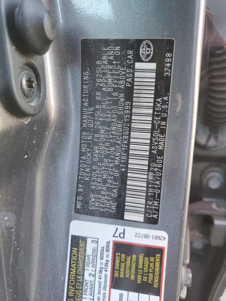 2016 Toyota Camry VIN 4T1BF1FK8GU215999 Copart auction photo, side / front end damage thumbnail 14