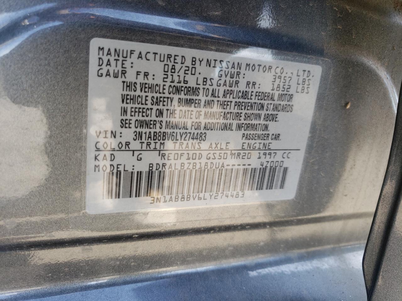 2020 Nissan Sentra VIN 3N1AB8BV6LY274483 Copart auction photo, front end damage thumbnail 14
