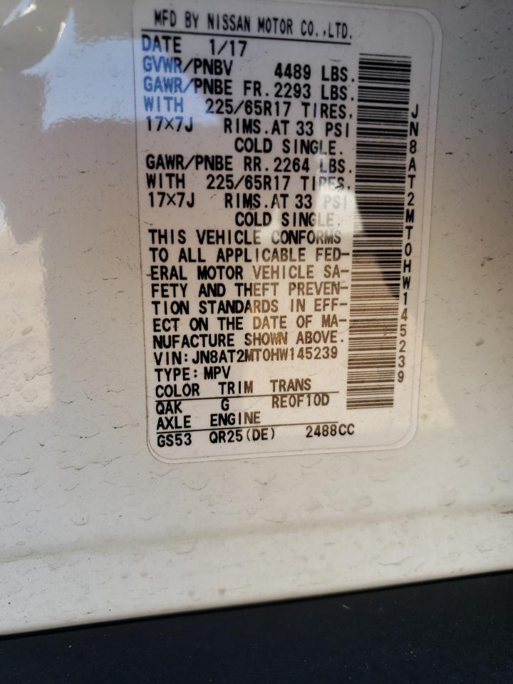2017 Nissan Rogue VIN JN8AT2MT0HW145239 Copart auction photo, rear end damage thumbnail 13