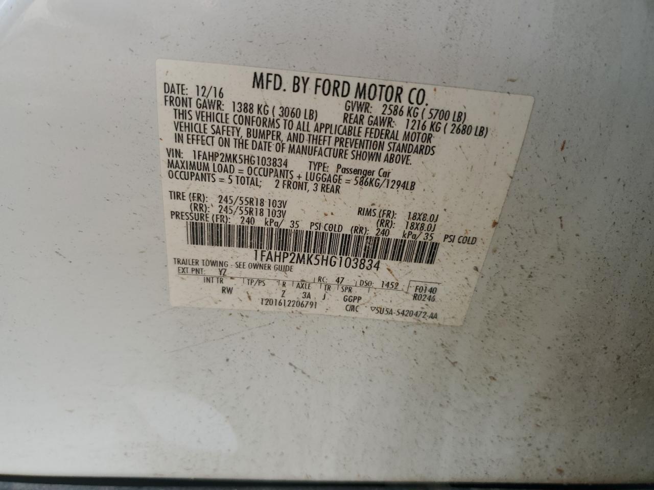 2017 Ford Taurus VIN 1FAHP2MK5HG103834 Copart auction photo, side / minor dent/scratches damage thumbnail 14