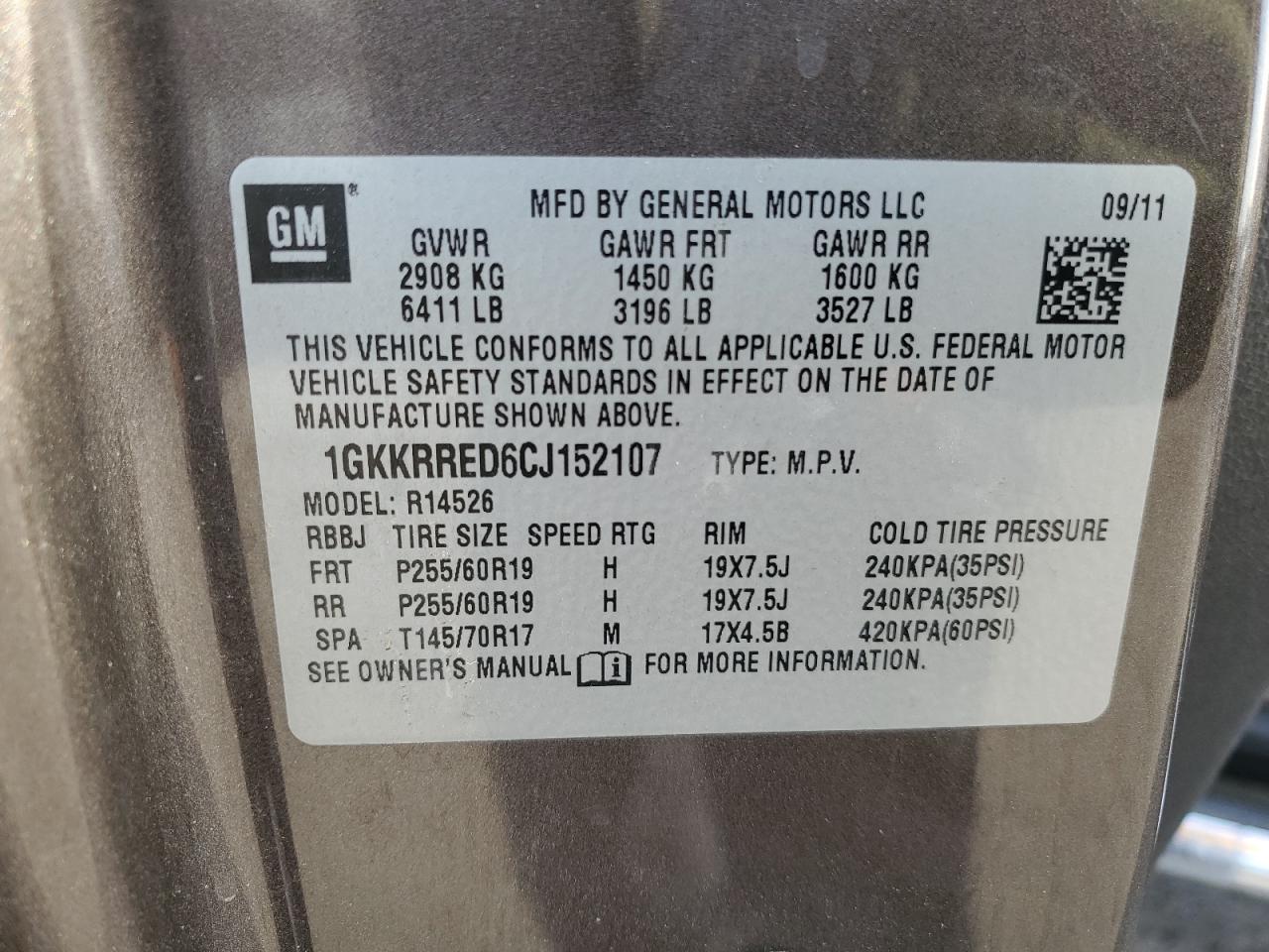 2012 GMC Acadia VIN 1GKKRRED6CJ152107 Copart auction photo, front end / side damage thumbnail 14