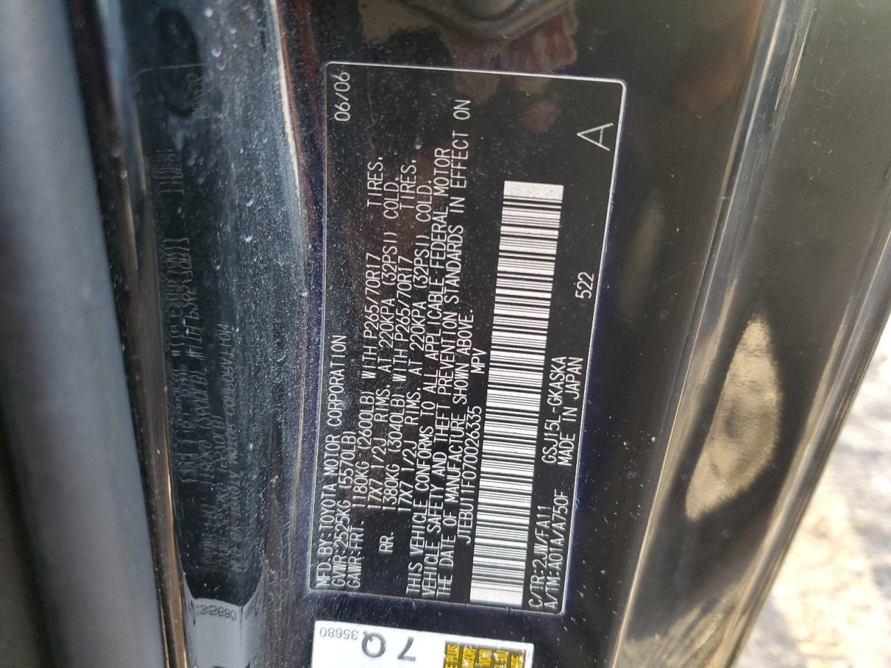 2007 Toyota FJ Cruiser VIN JTEBU11F070026335 Copart auction photo, front end / minor dent/scratches damage thumbnail 12