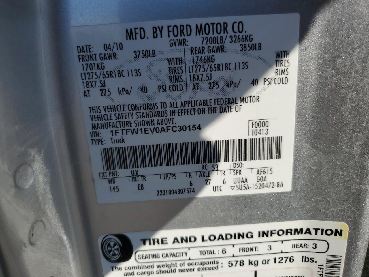 2010 Ford F-150 VIN 1FTFW1EV0AFC30154 Copart auction photo, rear end damage thumbnail 14