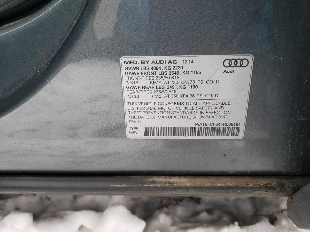 2015 Audi Q3 VIN WA1EFCFS4FR008194 Copart auction photo, front end / minor dent/scratches damage thumbnail 14