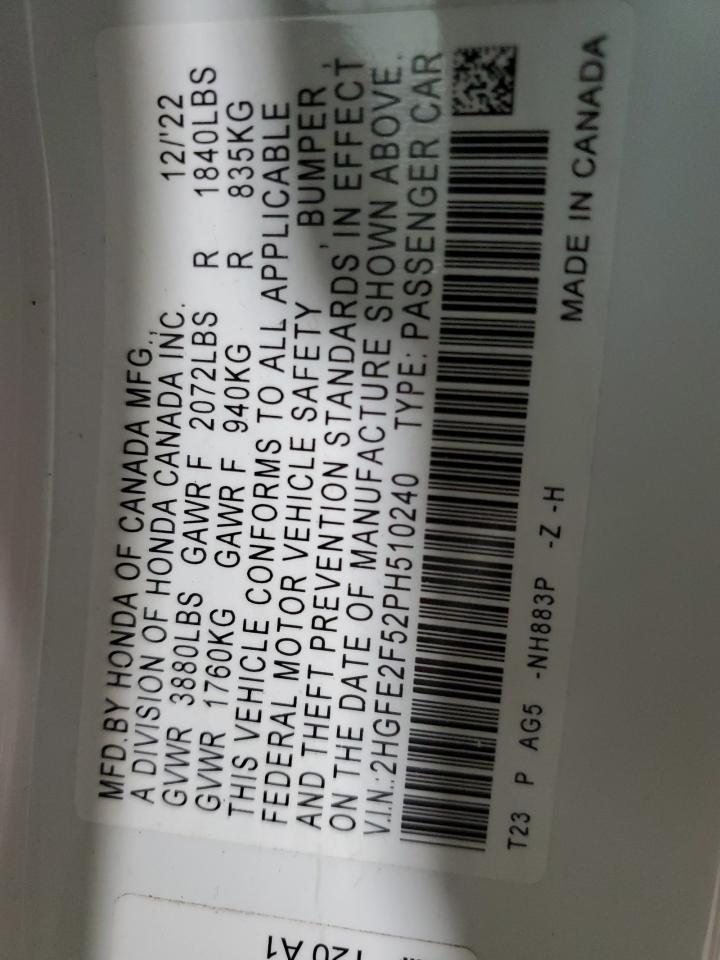 2023 Honda Civic VIN 2HGFE2F52PH510240 Copart auction photo, side damage thumbnail 14