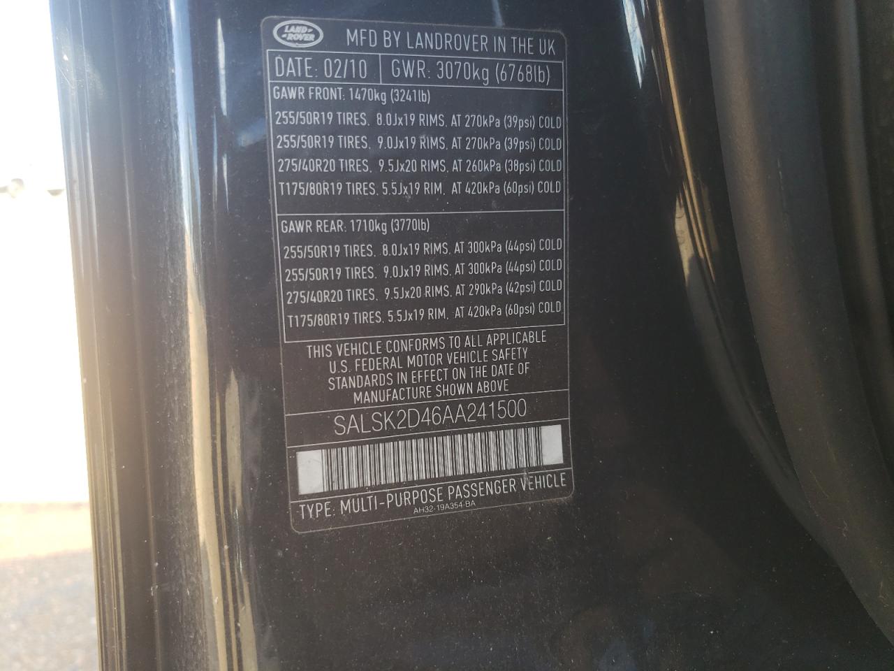 2010 Land Rover Range Rover VIN SALSK2D46AA241500 Copart auction photo, mechanical / minor dent/scratches damage thumbnail 13