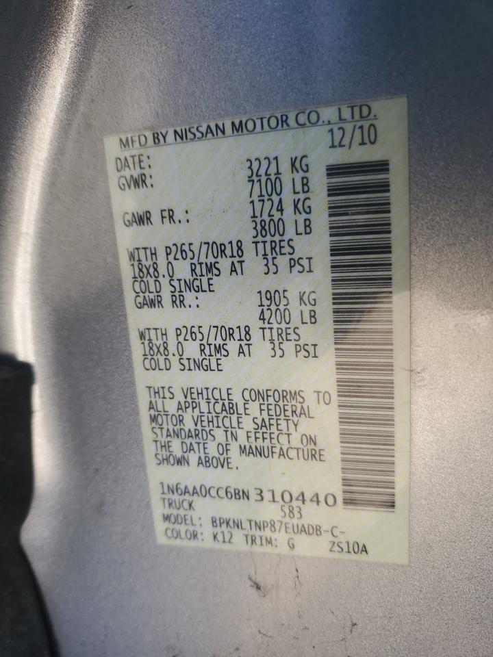 2011 Nissan Titan VIN 1N6AA0CC6BN310440 Copart auction photo, rear end / front end damage thumbnail 12