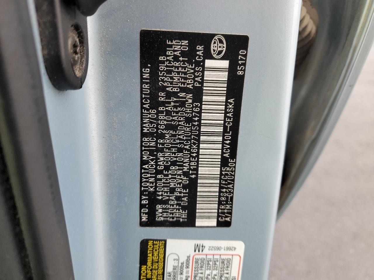 2007 Toyota Camry VIN 4T1BE46K77U544763 Copart auction photo, all over damage thumbnail 14