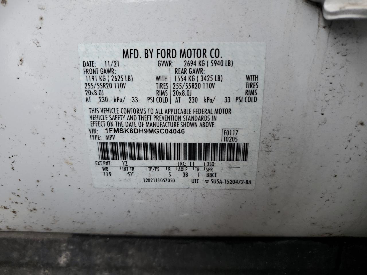 2021 Ford Explorer VIN 1FMSK8DH9MGC04046 Copart auction photo, front end / minor dent/scratches damage thumbnail 13