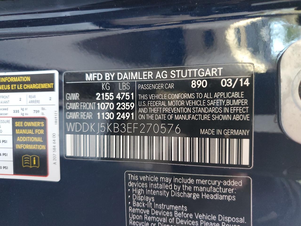 2014 Mercedes-Benz E-klasse VIN WDDKJ5KB3EF270576 Copart auction photo, side damage thumbnail 12