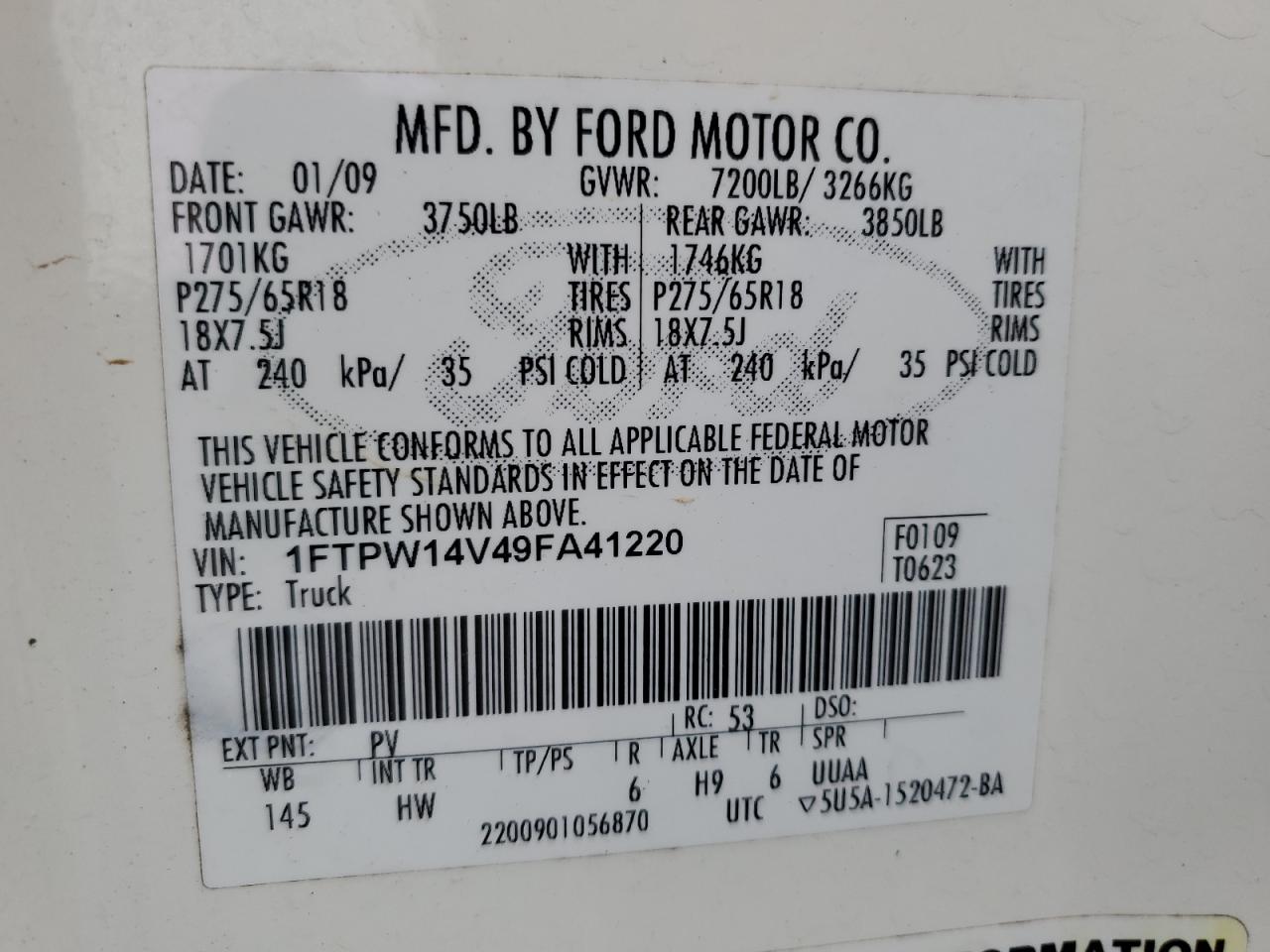 2009 Ford F-150 VIN 1FTPW14V49FA41220 Copart auction photo, front end / mechanical damage thumbnail 15