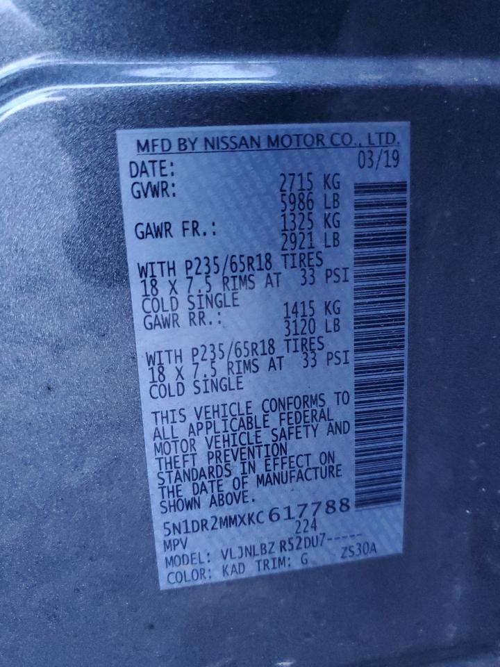 2019 Nissan Pathfinder VIN 5N1DR2MMXKC617788 Copart auction photo, front end / minor dent/scratches damage thumbnail 15