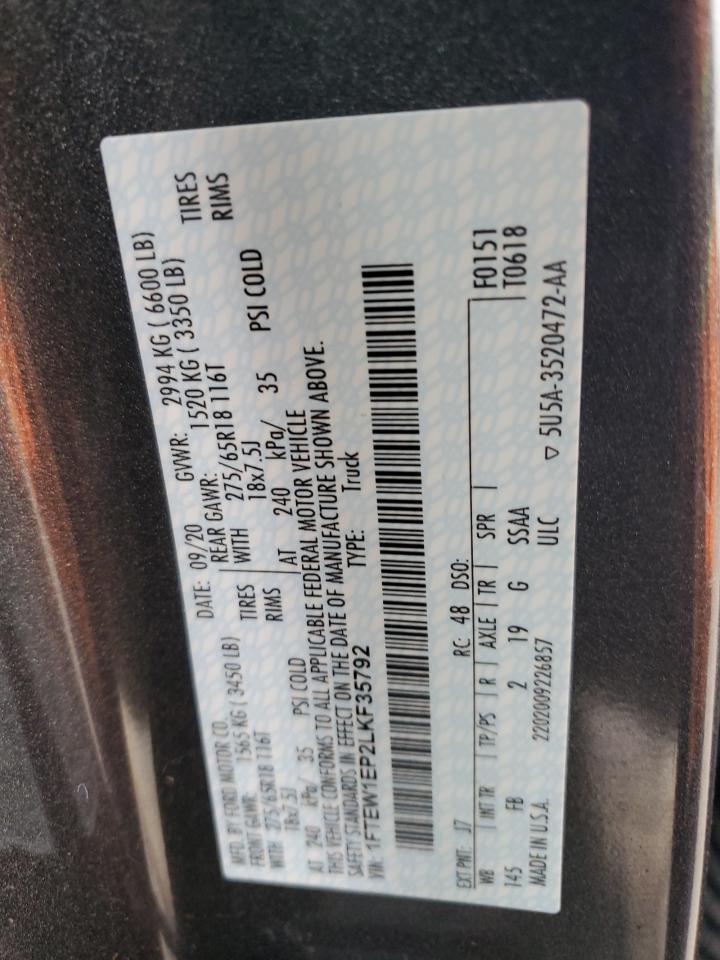2020 Ford F-150 VIN 1FTEW1EP2LKF35792 Copart auction photo, vandalism / front end damage thumbnail 12