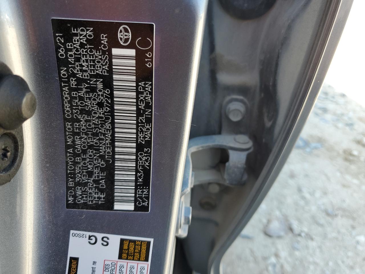 2022 Toyota Corolla VIN JTDEPMAE8NJ197276 Copart auction photo, front end damage thumbnail 14