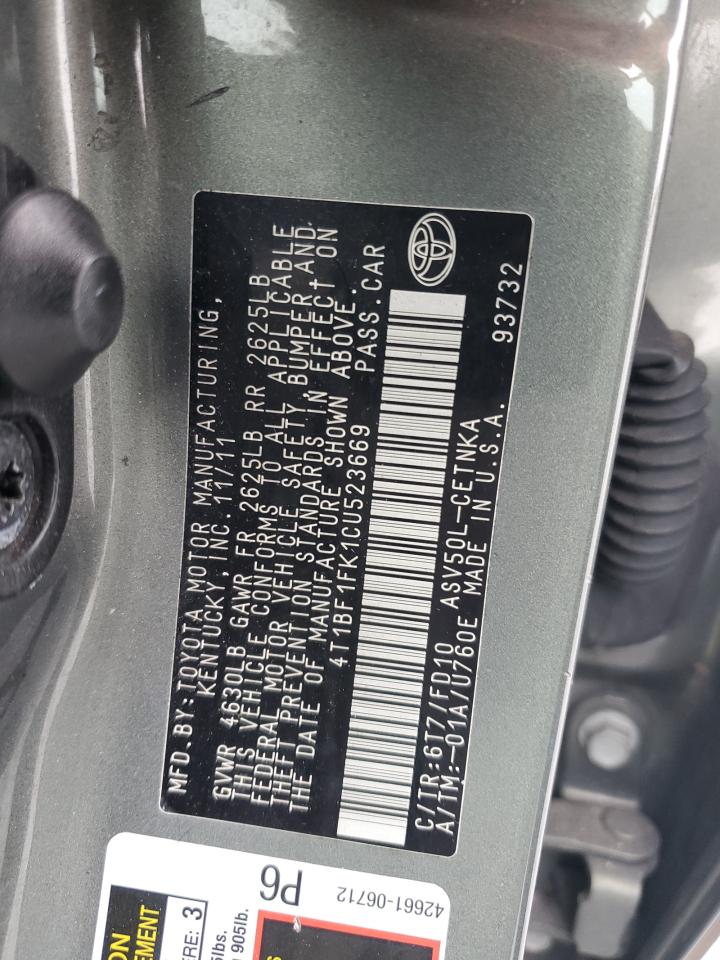 2012 Toyota Camry VIN 4T1BF1FK1CU523669 Copart auction photo, rear end / side damage thumbnail 13