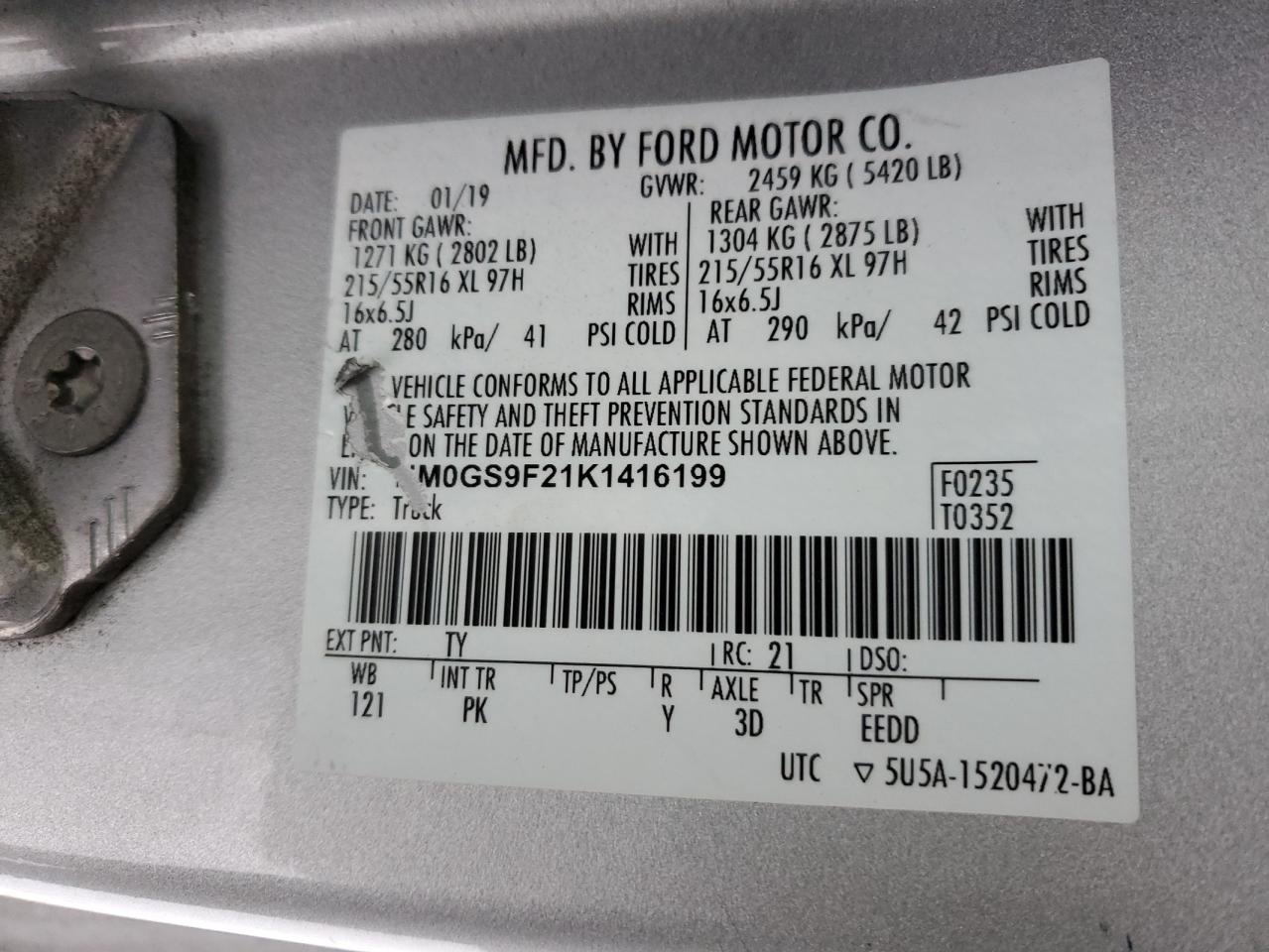 2019 Ford Transit VIN NM0GS9F21K1416199 Copart auction photo, front end / side damage thumbnail 13