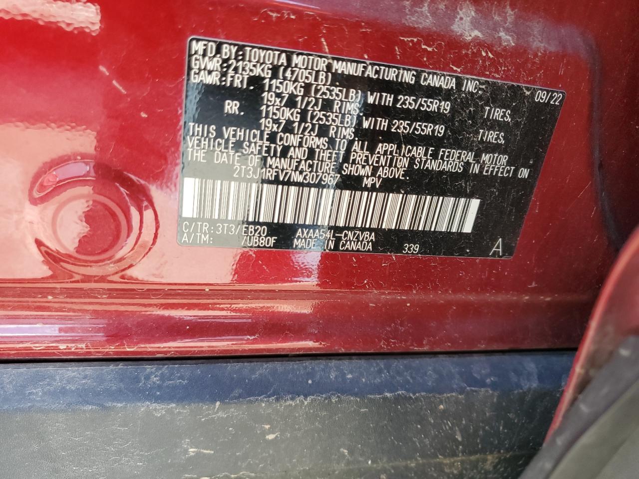 2022 Toyota RAV 4 VIN 2T3J1RFV7NW307967 Copart auction photo, all over damage thumbnail 13