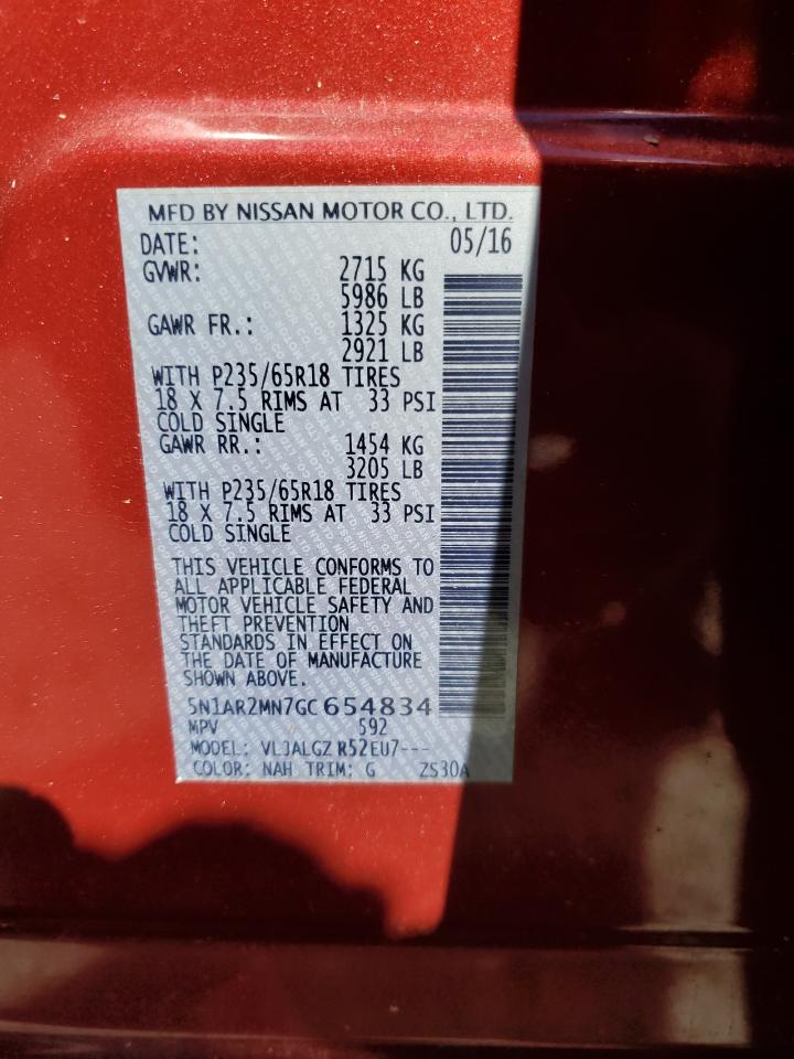 2016 Nissan Pathfinder VIN 5N1AR2MN7GC654834 Copart auction photo, front end / undercarriage damage thumbnail 14